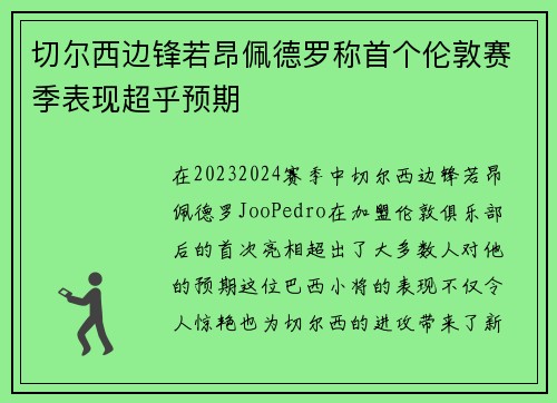 切尔西边锋若昂佩德罗称首个伦敦赛季表现超乎预期 切尔西边锋若昂佩德罗称首个伦敦赛季表现超乎预期